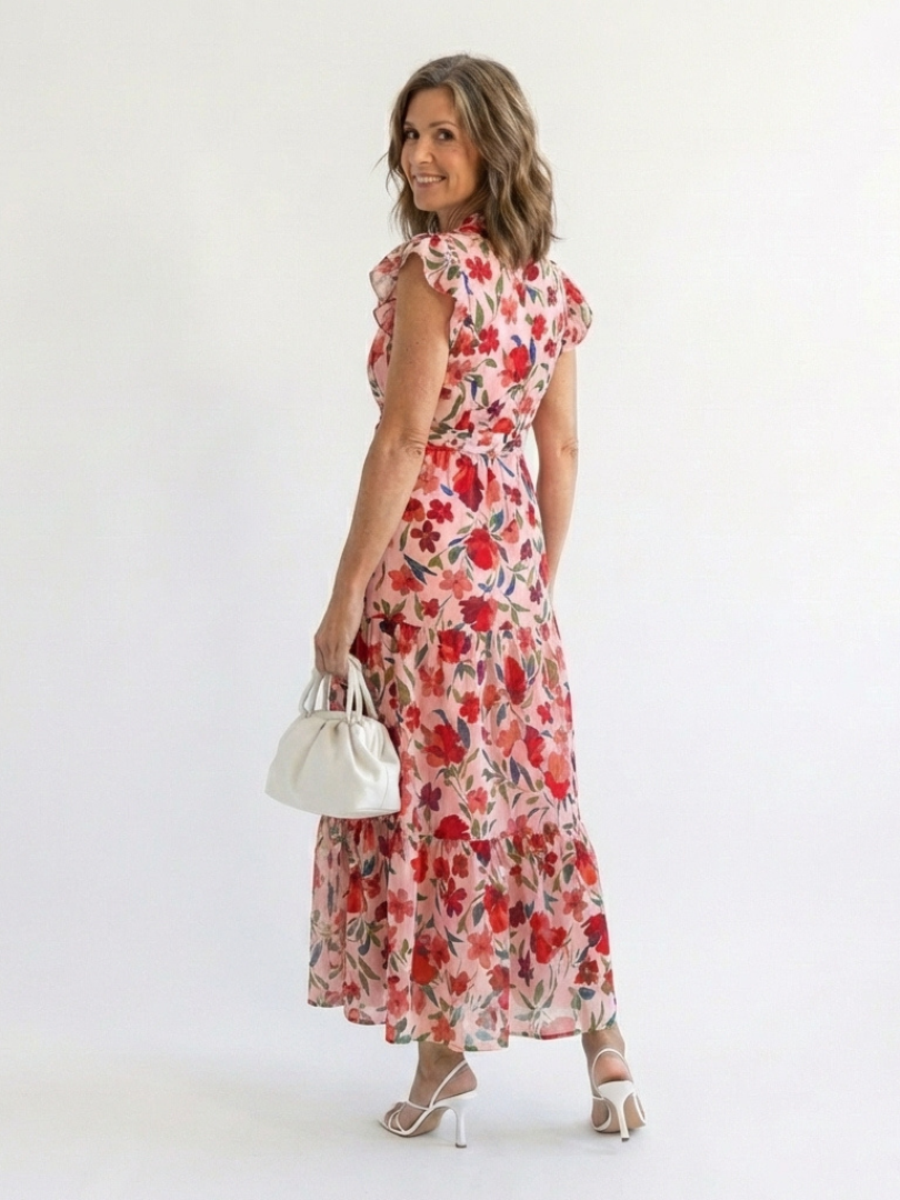 Lila | Vestido Midi de Gasa con Escote en V Floral