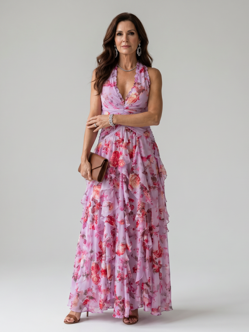 Nori | Vestido maxi floral con corpiño fruncido y escote halter