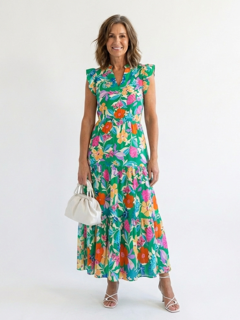 Lila | Vestido Midi de Gasa con Escote en V Floral