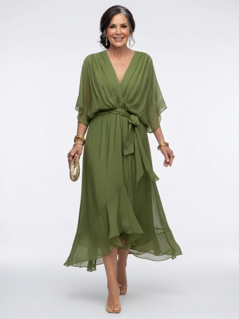 Elysia | Vestido Midi con Cintura Drapada y Escote en V