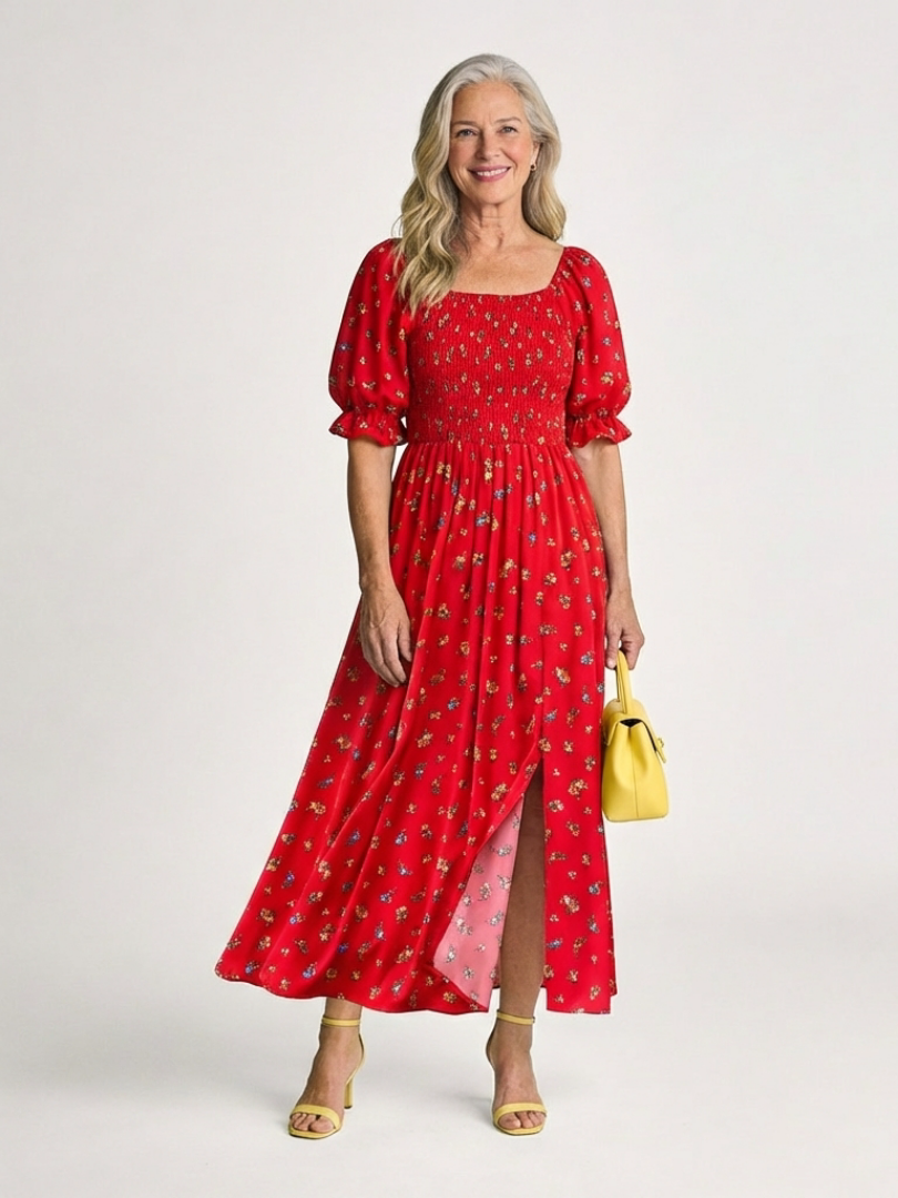 Delphine | Vestido Midi Floral de Cuello Cuadrado y Mangas Abullonadas