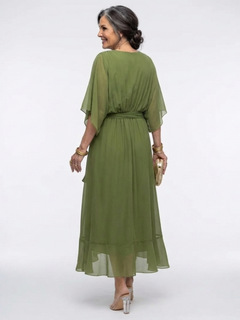 Elysia | Vestido Midi con Cintura Drapada y Escote en V