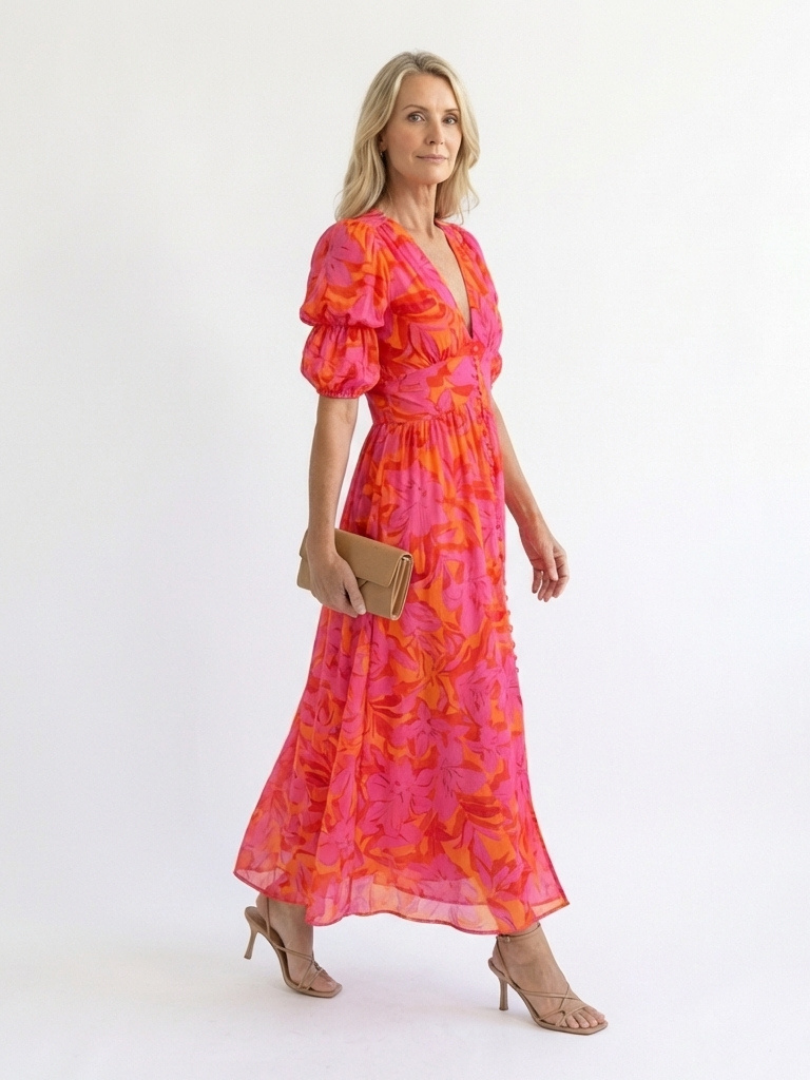 Willow | Vestido Midi de Manga Abullonada con Escote en V Floral