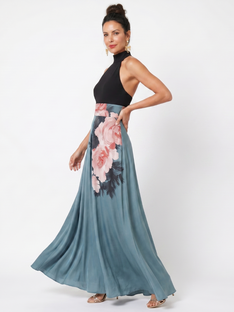 Olympas | Vestido largo con corpiño halter y falda floral