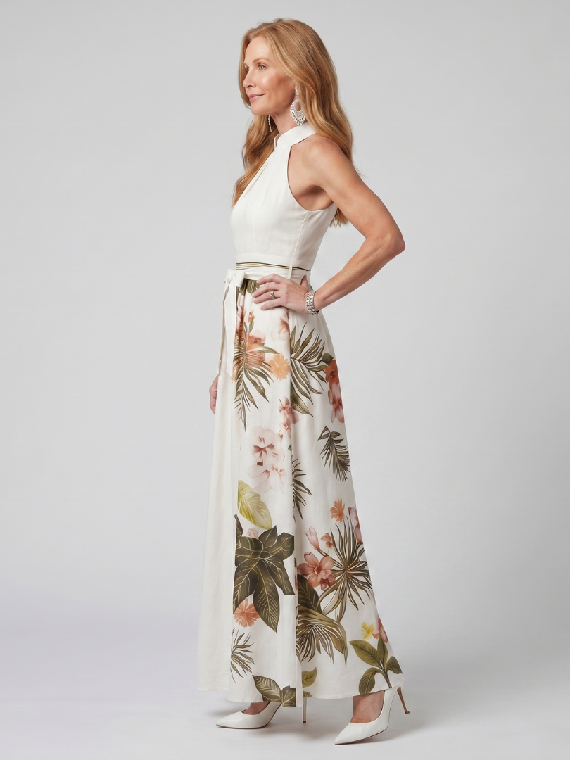 Meadow | Vestido maxi halter drapeado con panel botánico