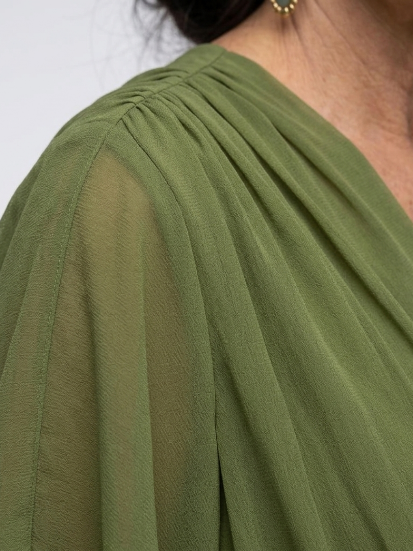 Elysia | Vestido Midi con Cintura Drapada y Escote en V