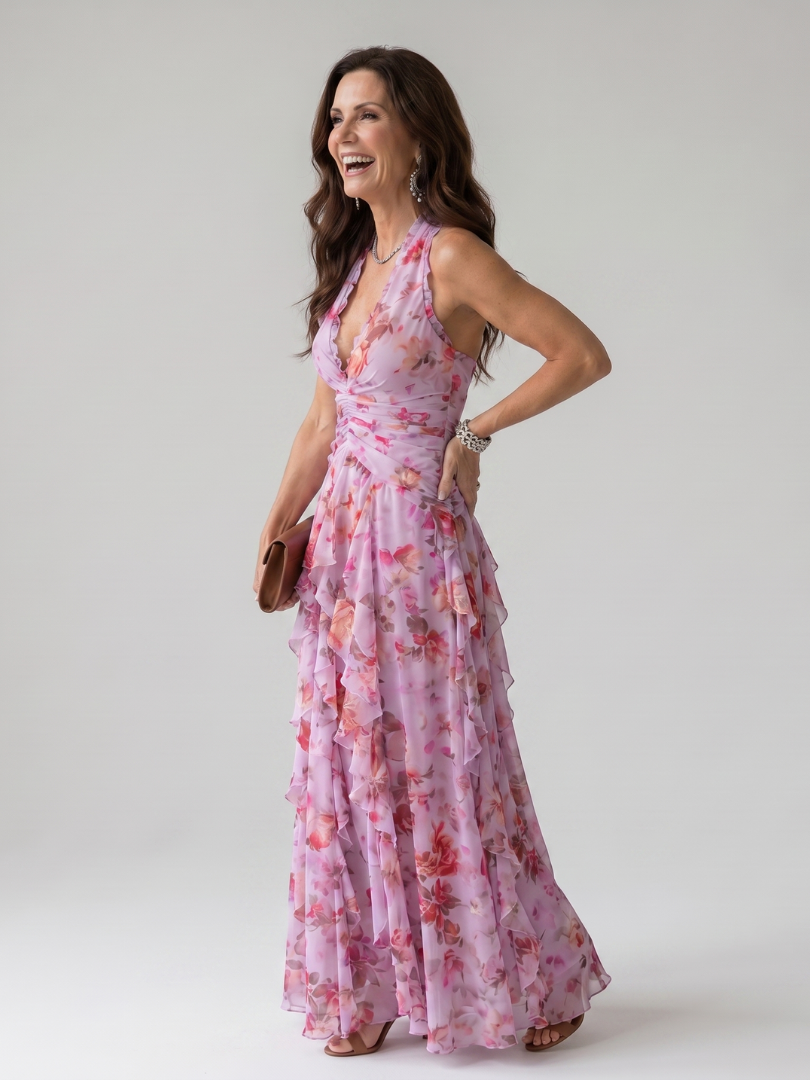 Nori | Vestido maxi floral con corpiño fruncido y escote halter