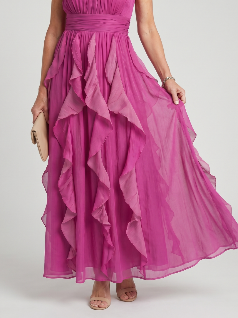 Orea | Vestido maxi halter alto con capas de volantes fruncidos