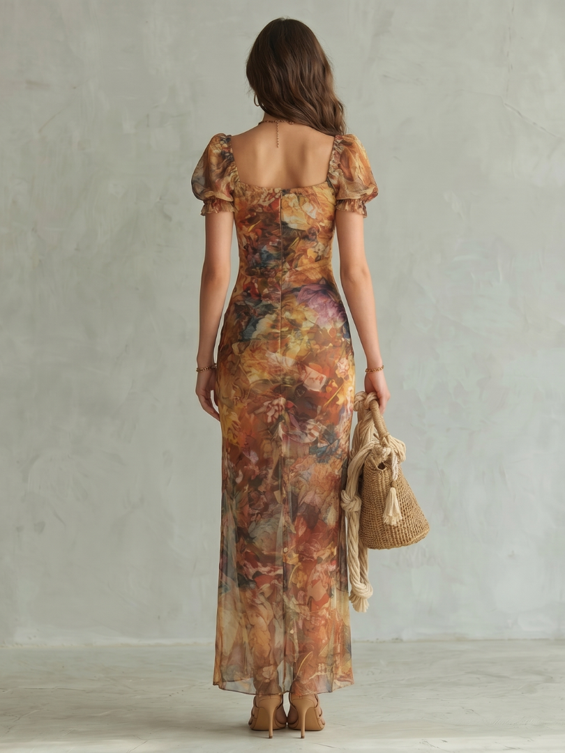 Ciel | Vestido midi entallado con manga de volante y abertura