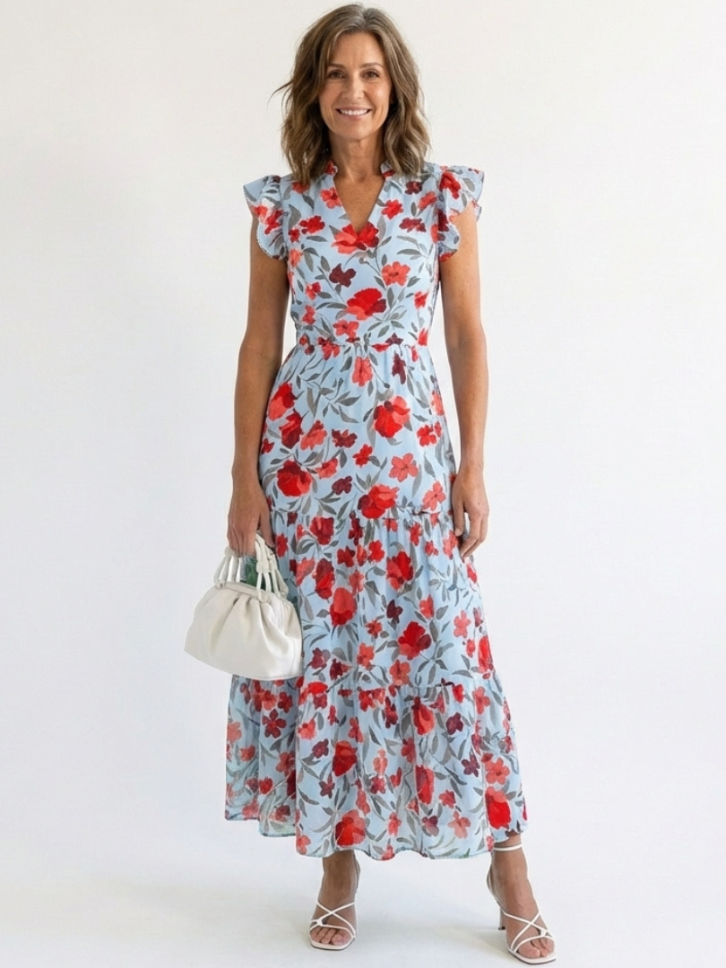 Lila | Vestido Midi de Gasa con Escote en V Floral