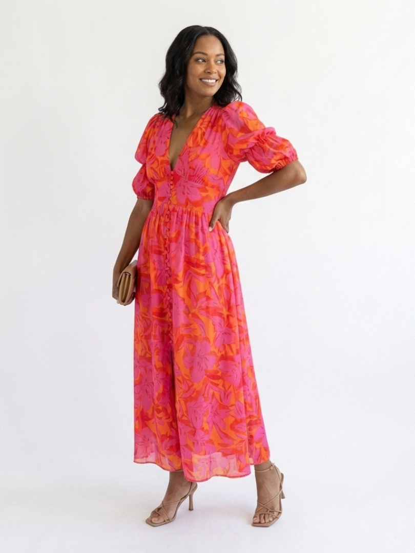 Willow | Vestido Midi de Manga Abullonada con Escote en V Floral