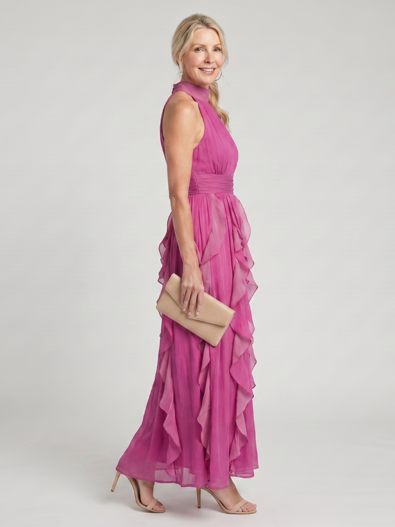 Orea | Vestido maxi halter alto con capas de volantes fruncidos