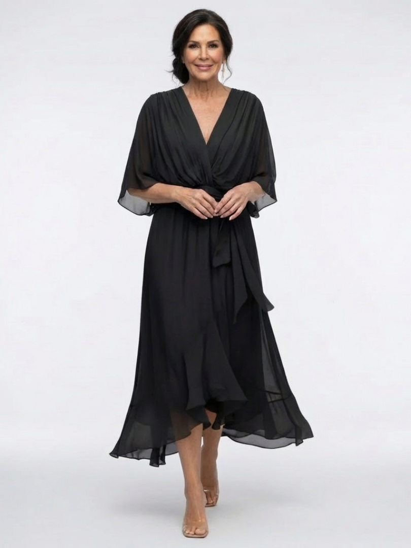 Elysia | Vestido Midi con Cintura Drapada y Escote en V