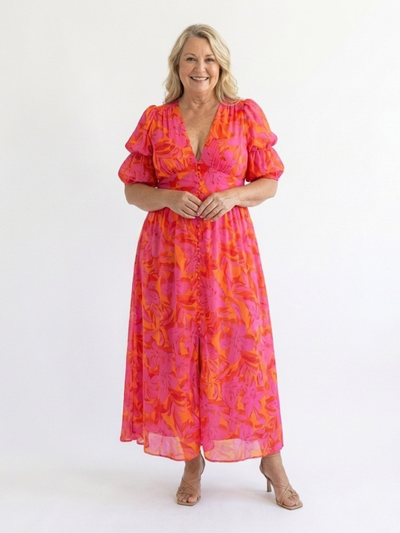 Willow | Vestido Midi de Manga Abullonada con Escote en V Floral