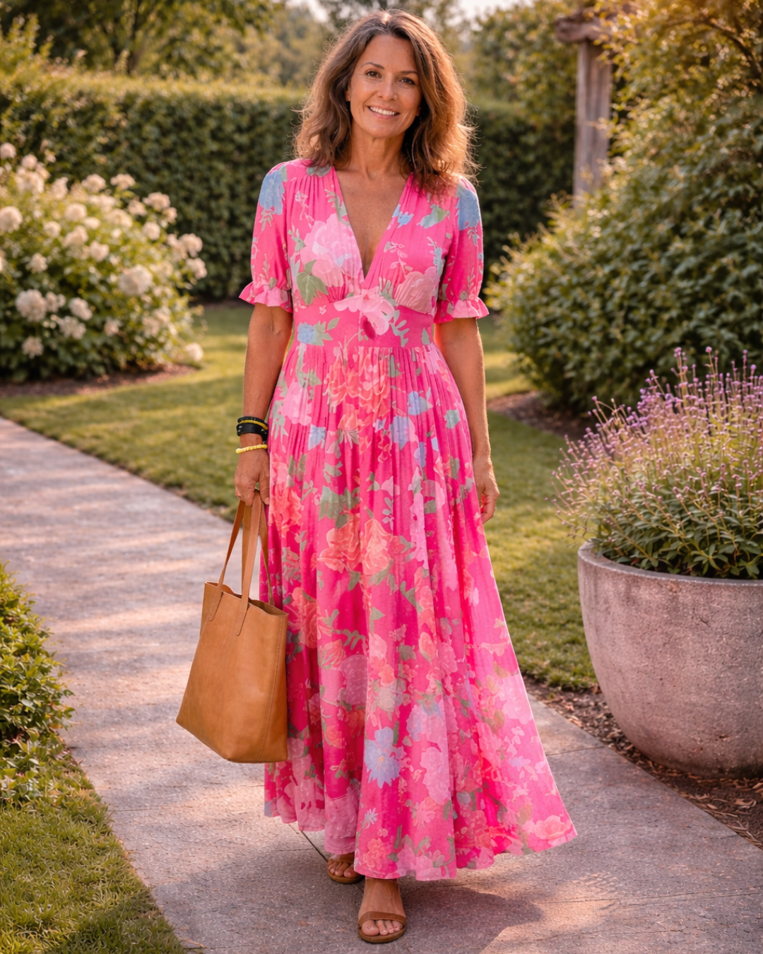 Ione | Vestido Midi Floral de Manga Corta y Escote en V