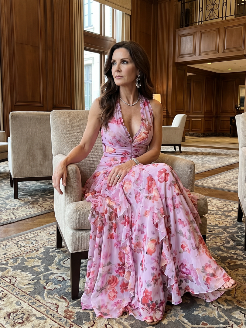 Nori | Vestido maxi floral con corpiño fruncido y escote halter
