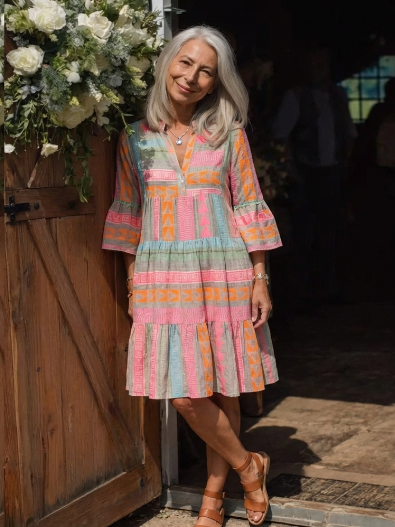 Maelle | Vestido de Longitud de Rodilla con Estampado Geométrico y Cuello en V