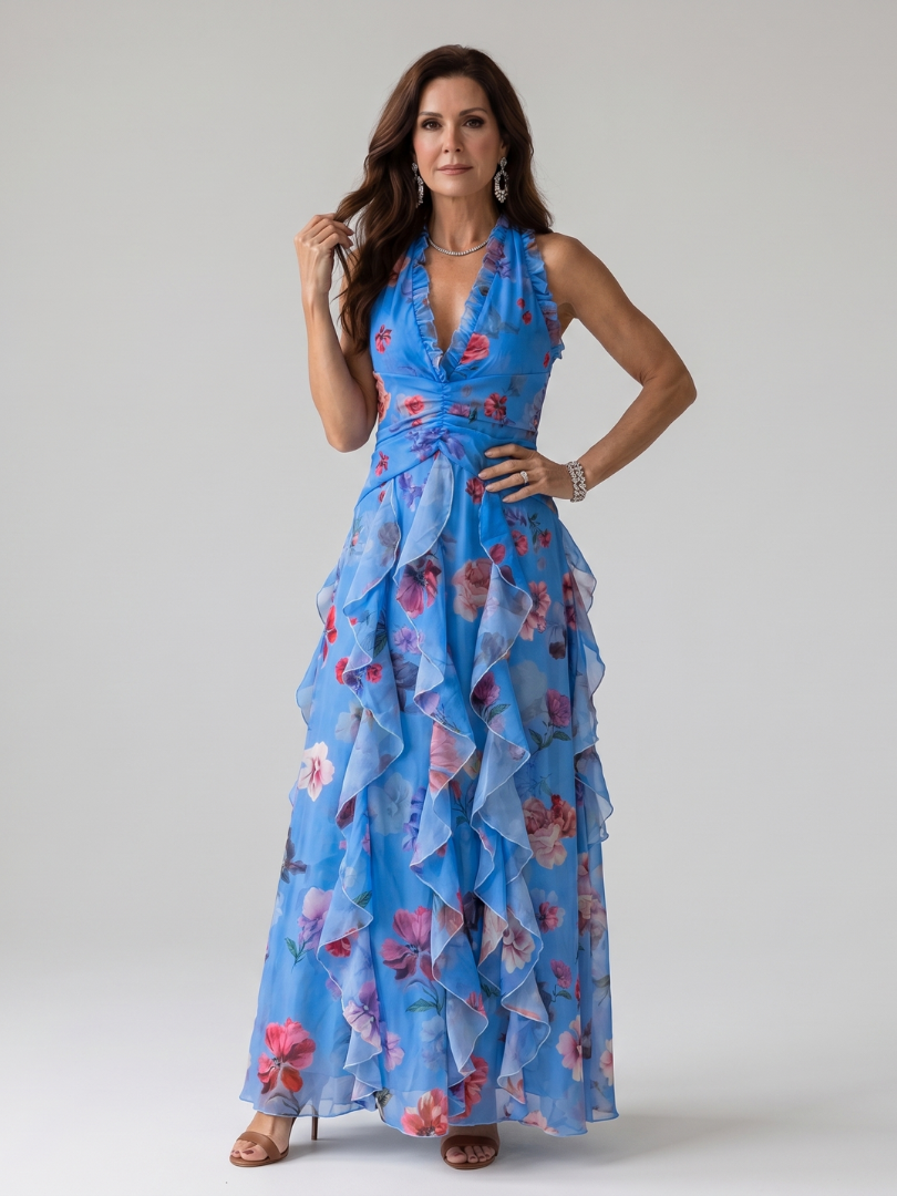 Nori | Vestido maxi floral con corpiño fruncido y escote halter
