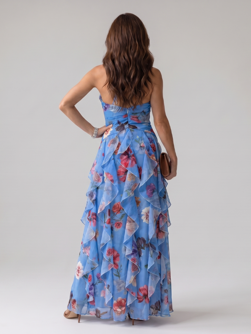 Nori | Vestido maxi floral con corpiño fruncido y escote halter