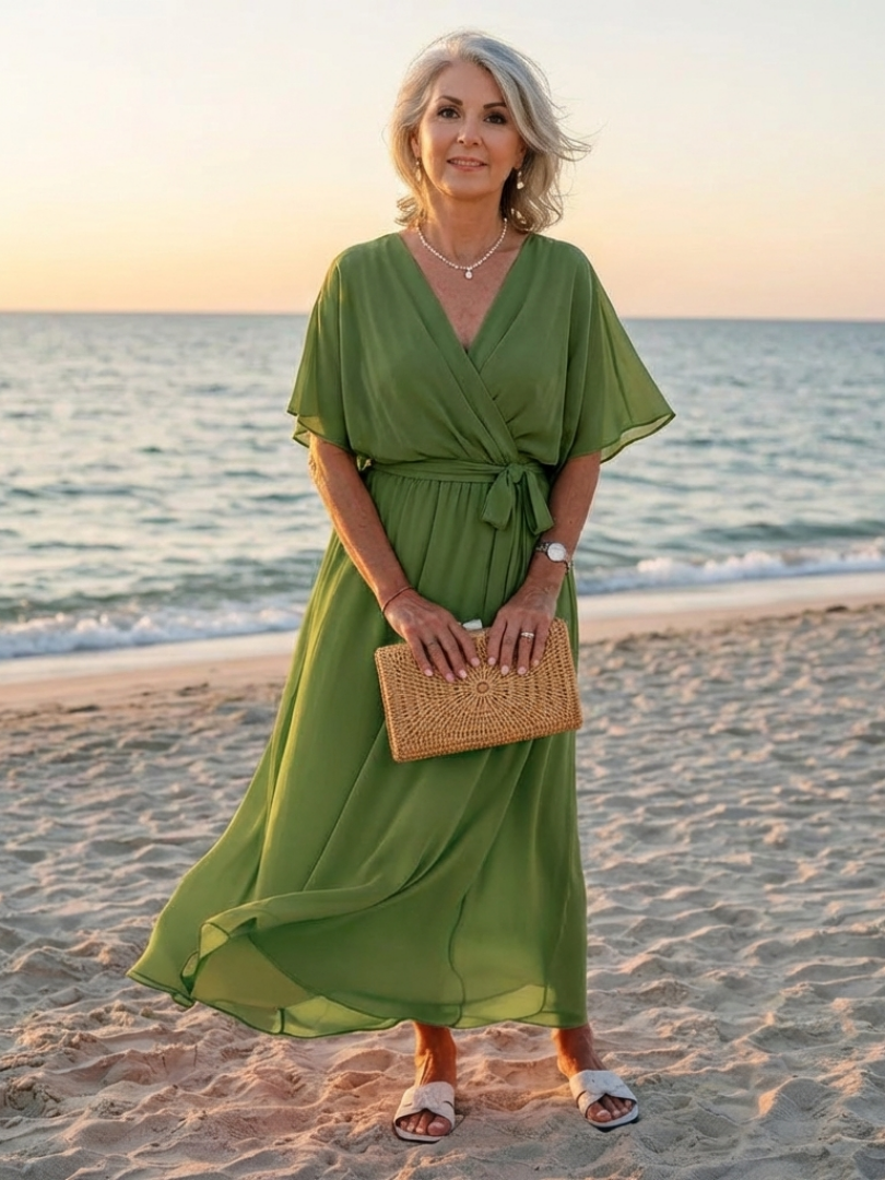 Elysia | Vestido Midi con Cintura Drapada y Escote en V