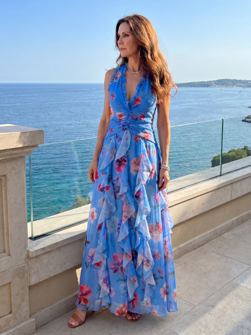 Nori | Vestido maxi floral con corpiño fruncido y escote halter