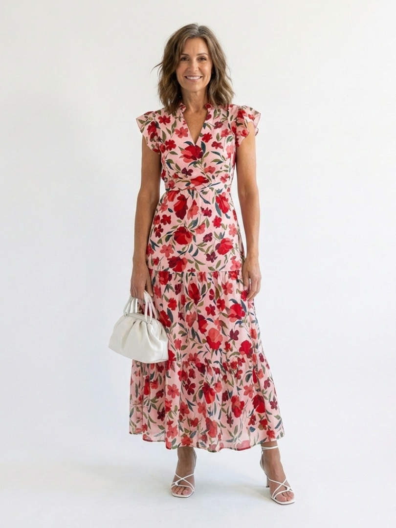 Lila | Vestido Midi de Gasa con Escote en V Floral