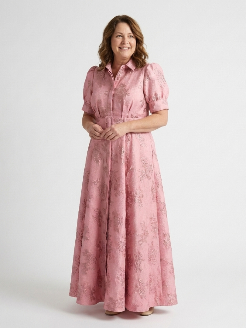 Xanthea | Vestido Camisón Largo Floral Texturizado con Manga Corta y Cinturón