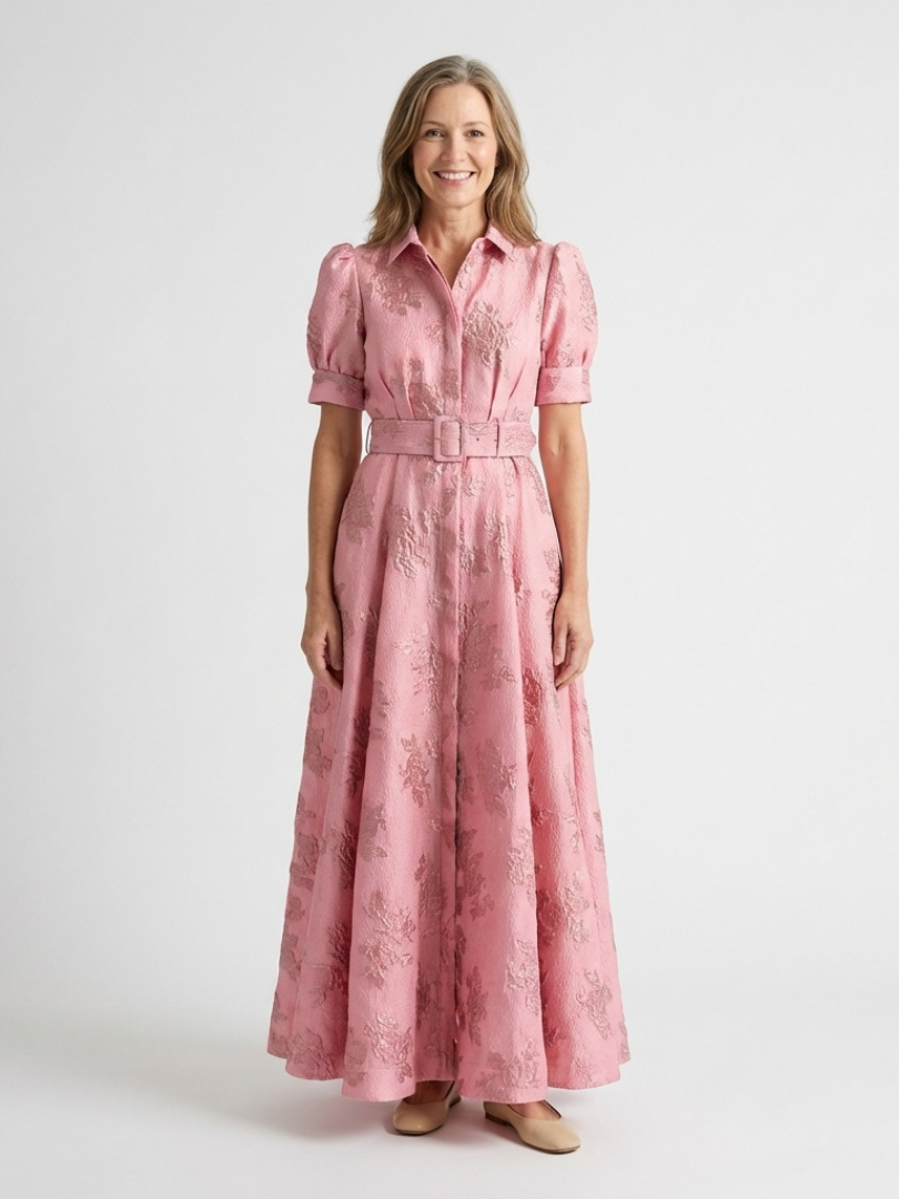 Xanthea | Vestido Camisón Largo Floral Texturizado con Manga Corta y Cinturón