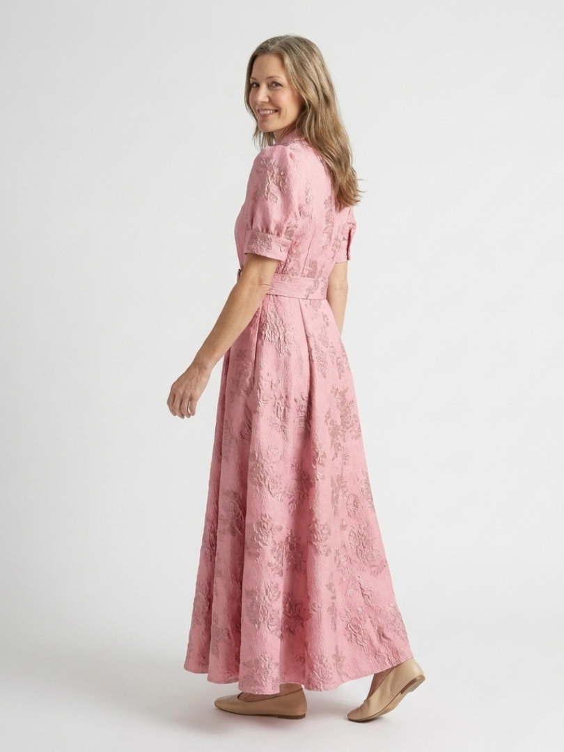 Xanthea | Vestido Camisón Largo Floral Texturizado con Manga Corta y Cinturón