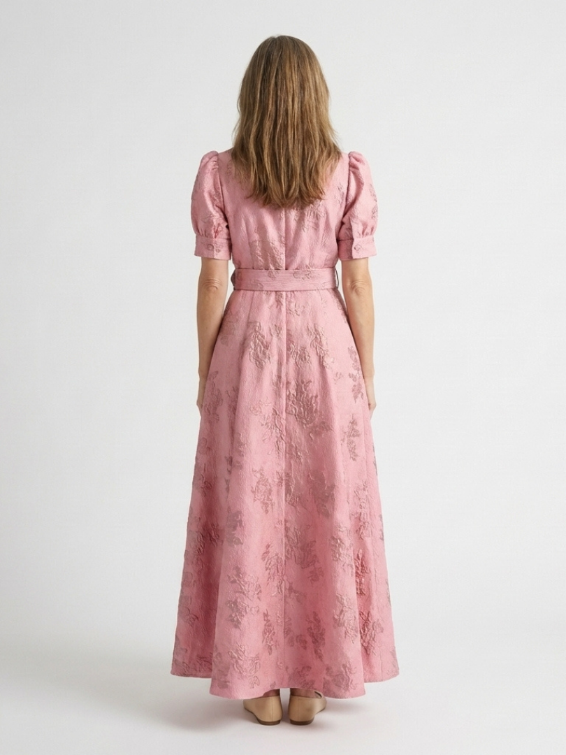Xanthea | Vestido Camisón Largo Floral Texturizado con Manga Corta y Cinturón