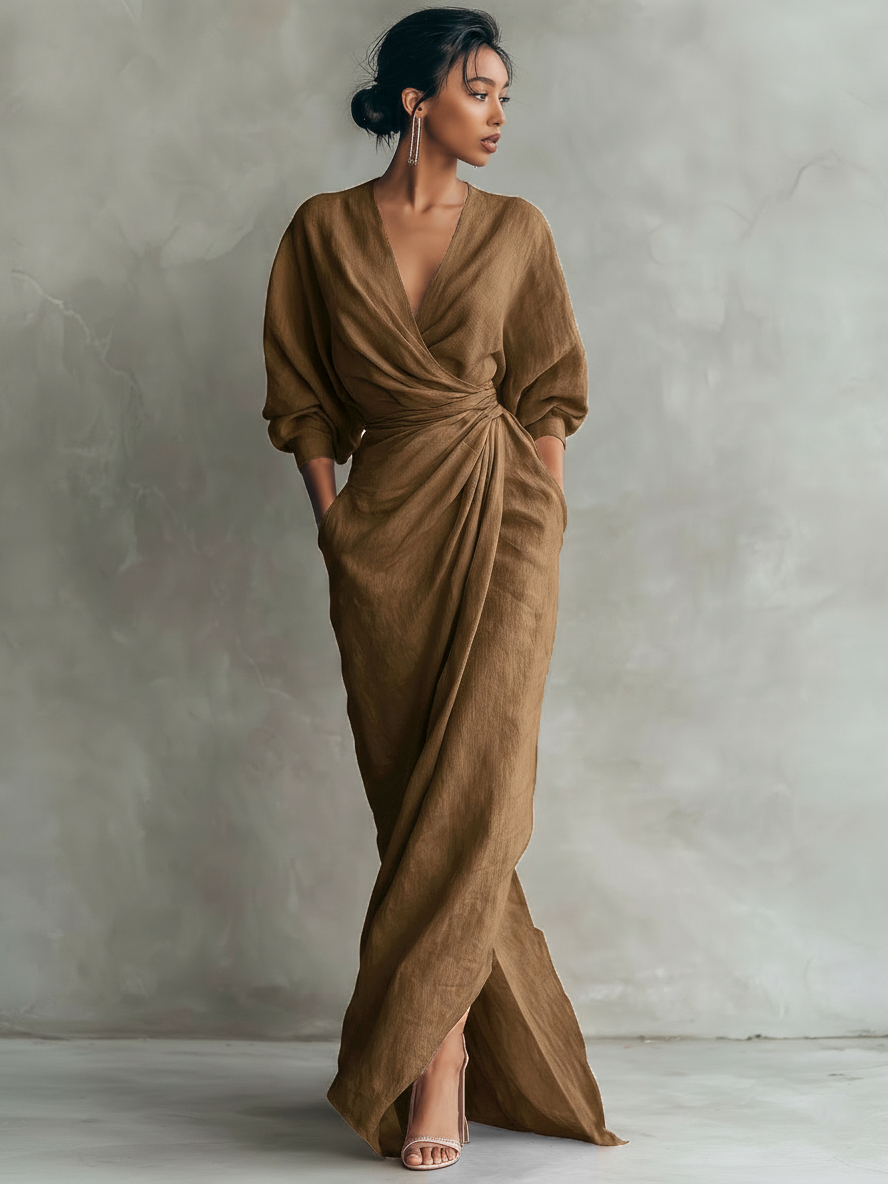 Maxi vestido minimalista rosa con escote en V de lino mezclado para mujer