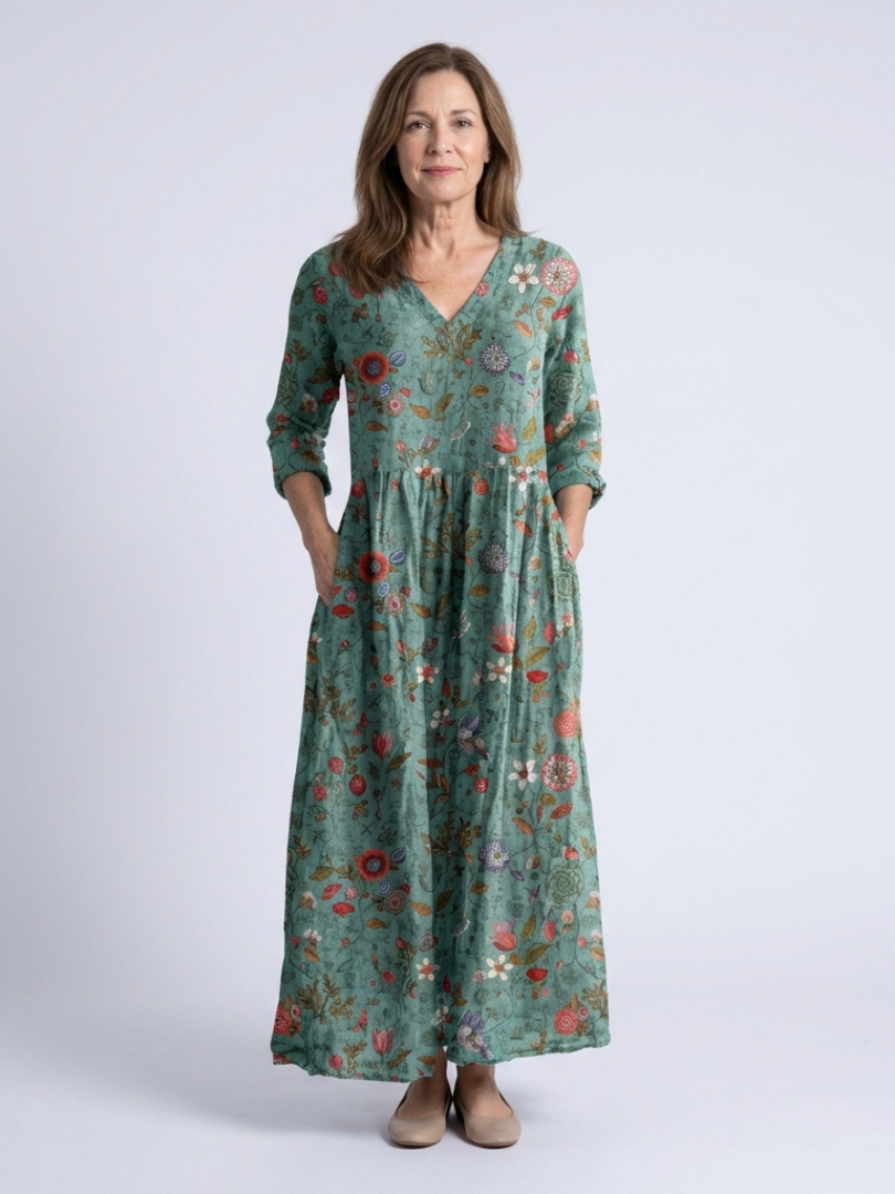 Marina | Vestido Maxi de Manga Tres Cuartos con Escote en V Floral