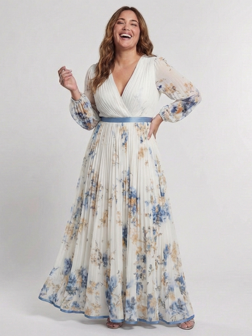 Lavinia | Vestido Maxi Floral de Manga Larga y Escote en V