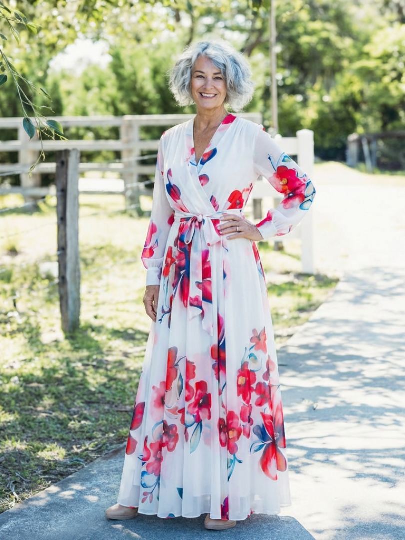 Lillian | Vestido Maxi Envoltura Floral de Manga Larga