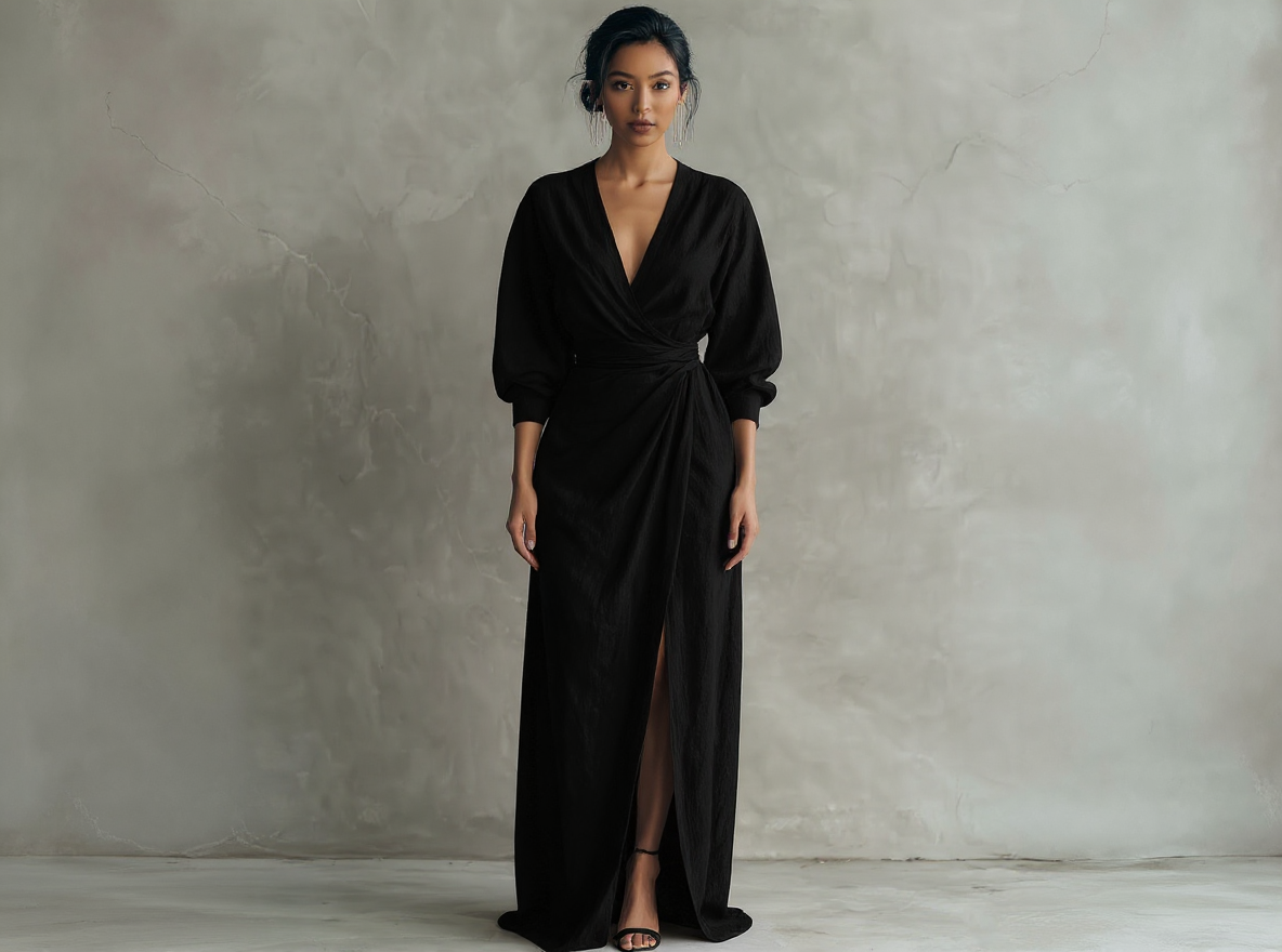 Maxi vestido minimalista rosa con escote en V de lino mezclado para mujer