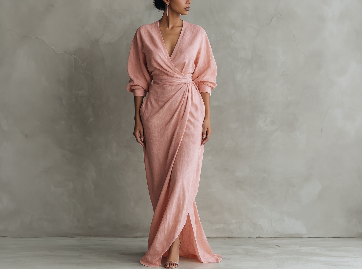 Maxi vestido minimalista rosa con escote en V de lino mezclado para mujer