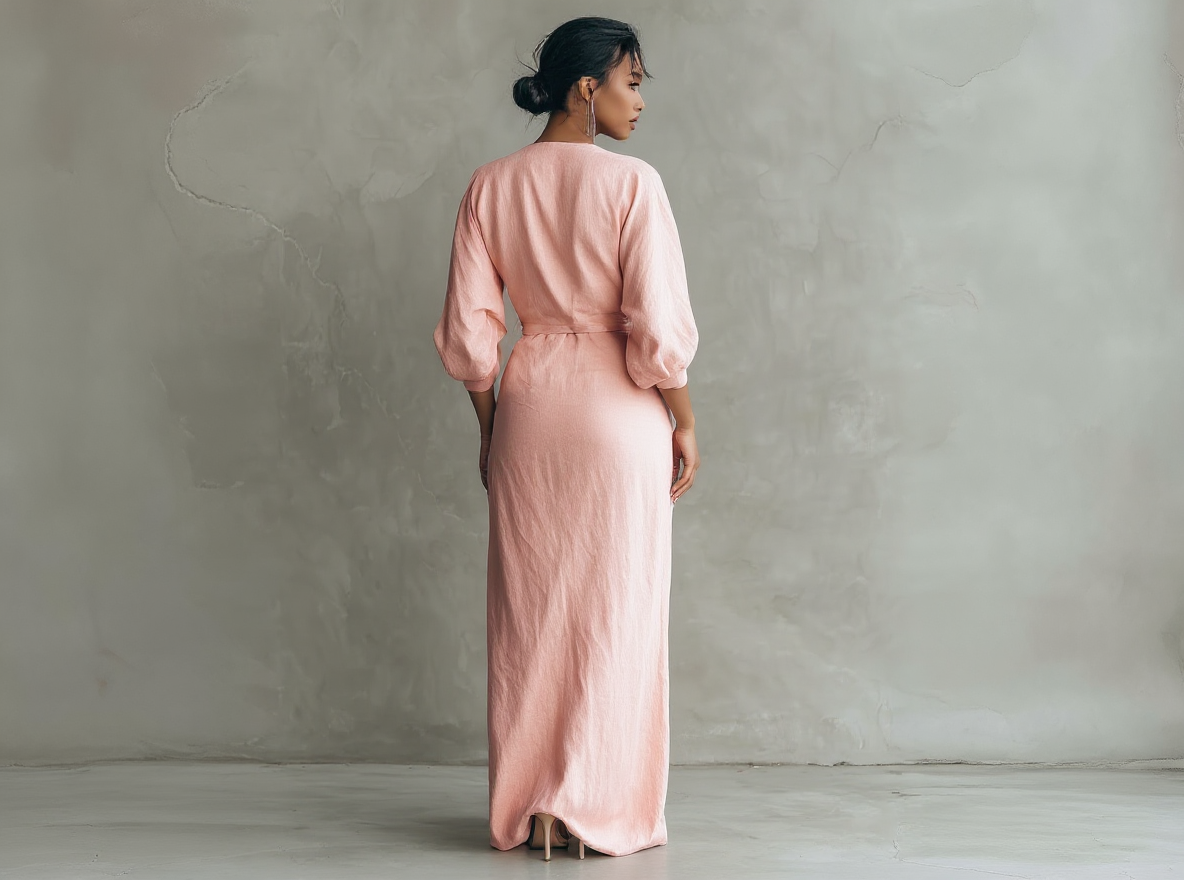Maxi vestido minimalista rosa con escote en V de lino mezclado para mujer