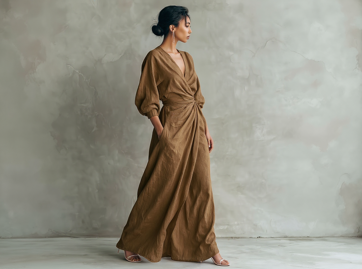 Maxi vestido minimalista rosa con escote en V de lino mezclado para mujer