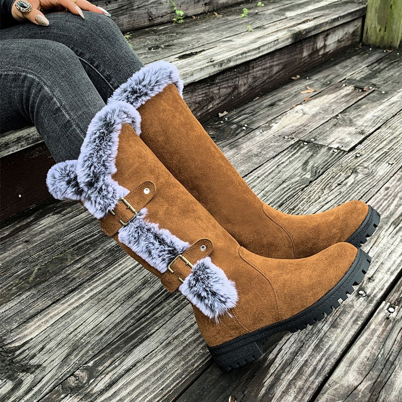 Botas de nieve de peluche grueso hasta la media pierna para mujer