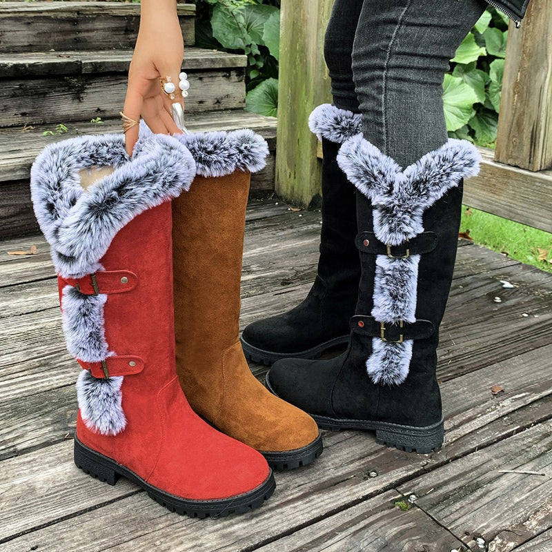 Botas de nieve de peluche grueso hasta la media pierna para mujer