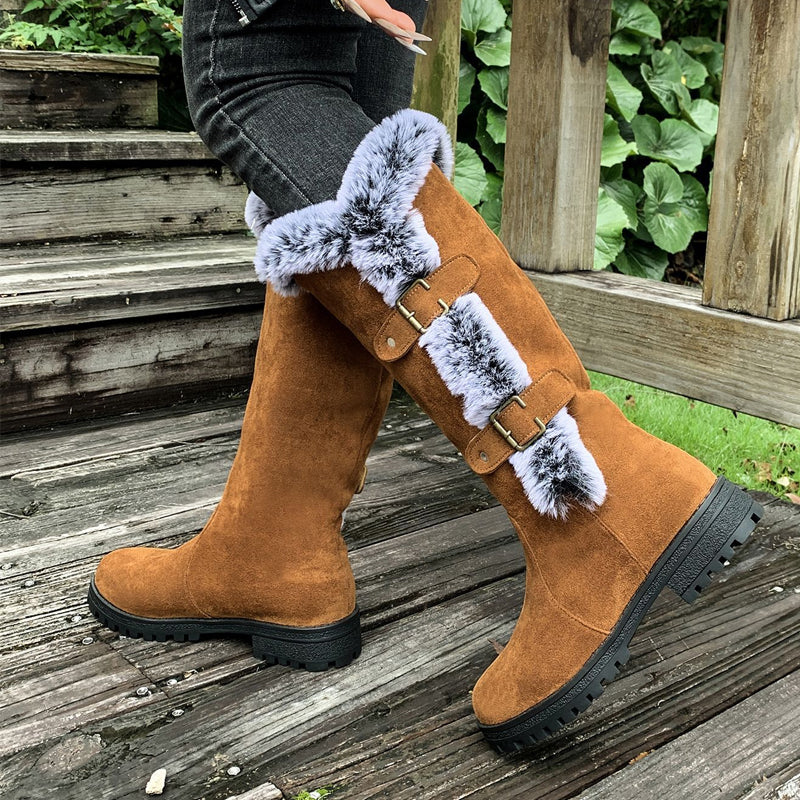 Botas de nieve de peluche grueso hasta la media pierna para mujer