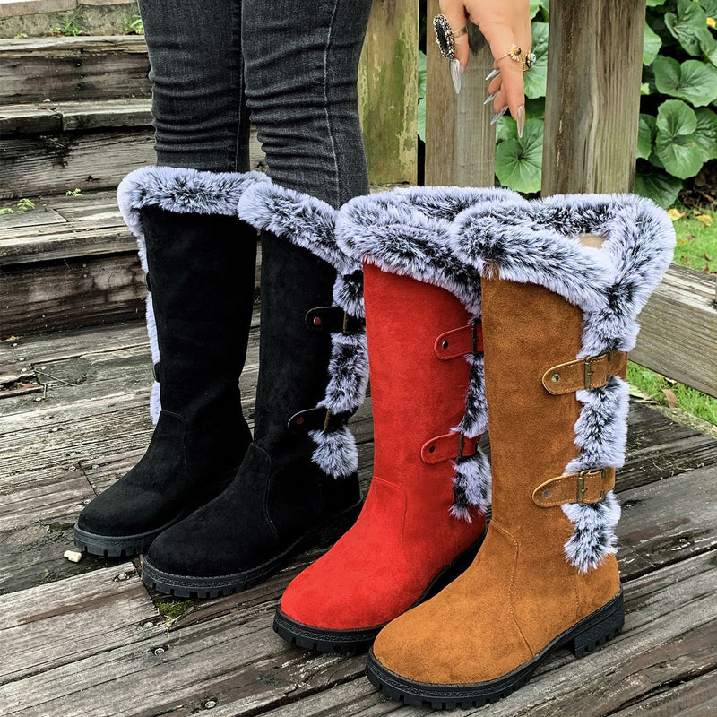 Botas de nieve de peluche grueso hasta la media pierna para mujer