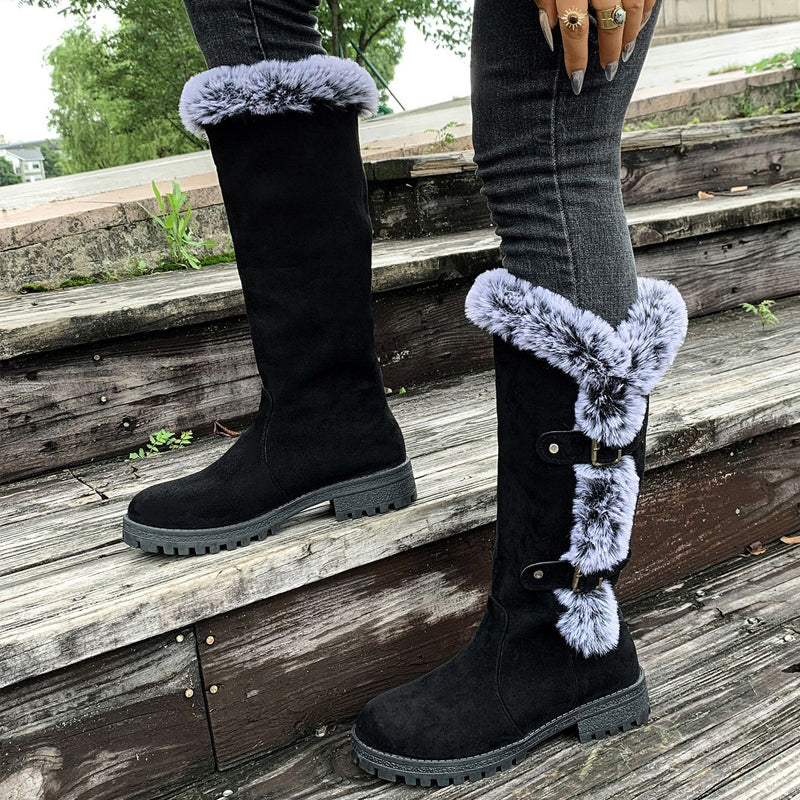Botas de nieve de peluche grueso hasta la media pierna para mujer
