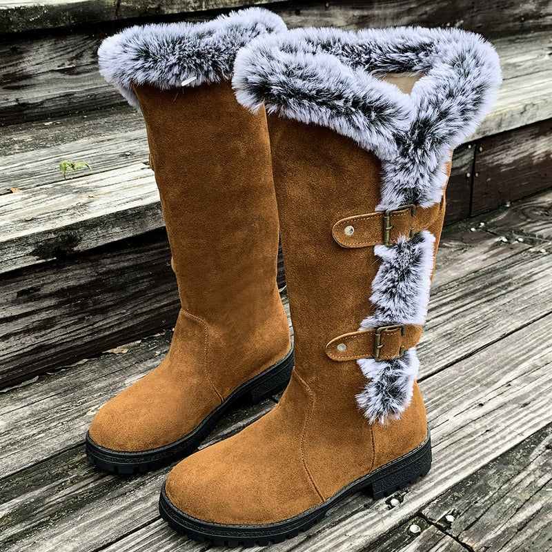 Botas de nieve de peluche grueso hasta la media pierna para mujer