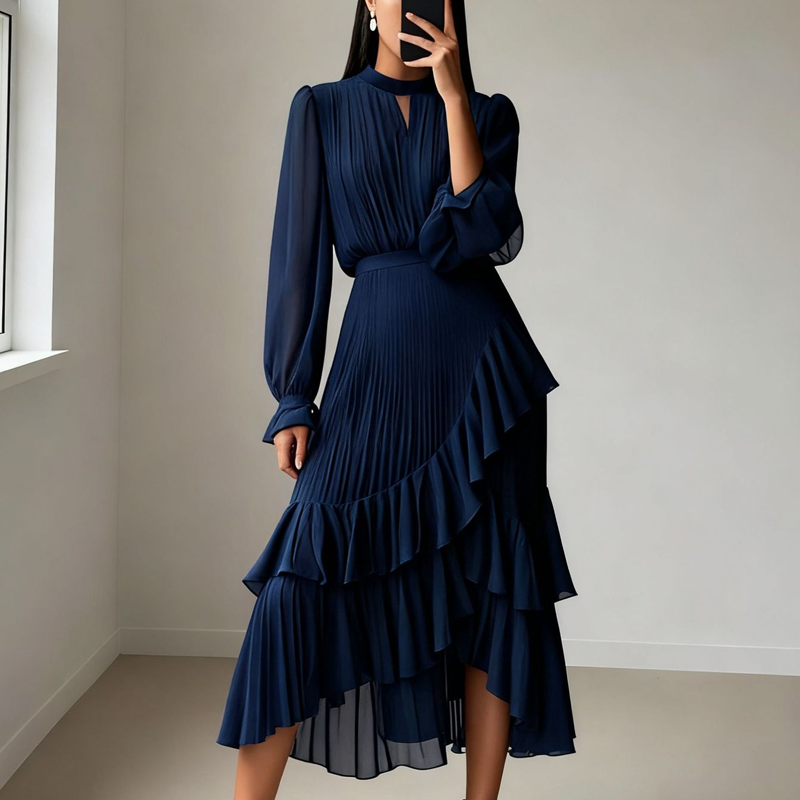 Vestido midi plisado con volantes