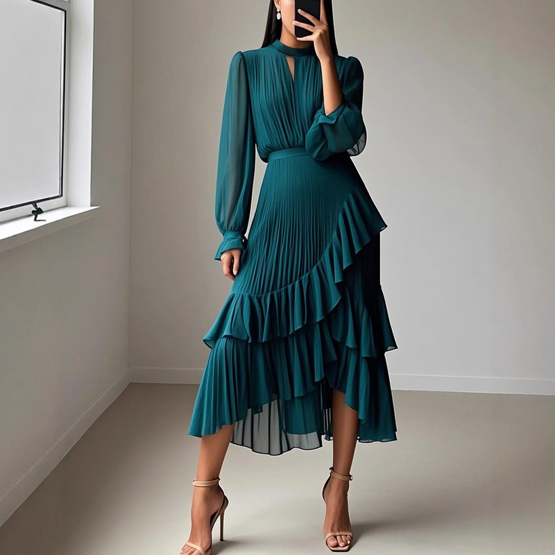 Vestido midi plisado con volantes
