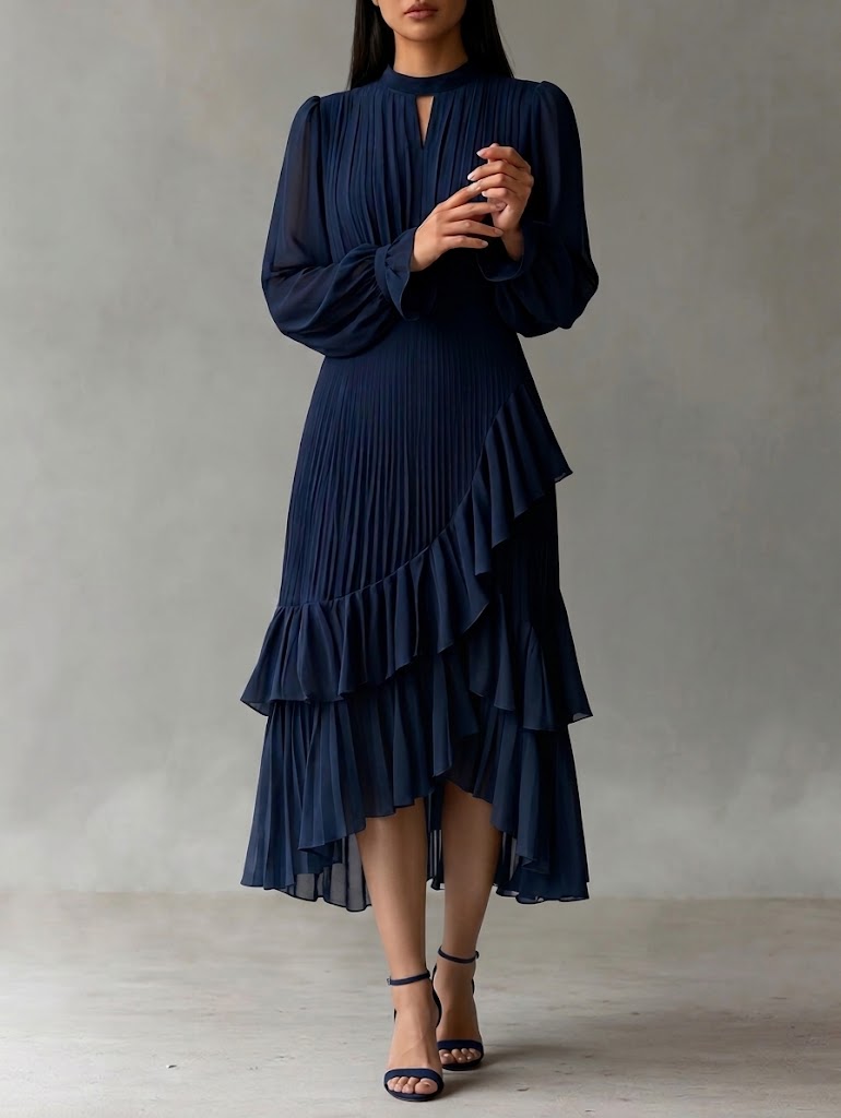 Vestido midi plisado con volantes
