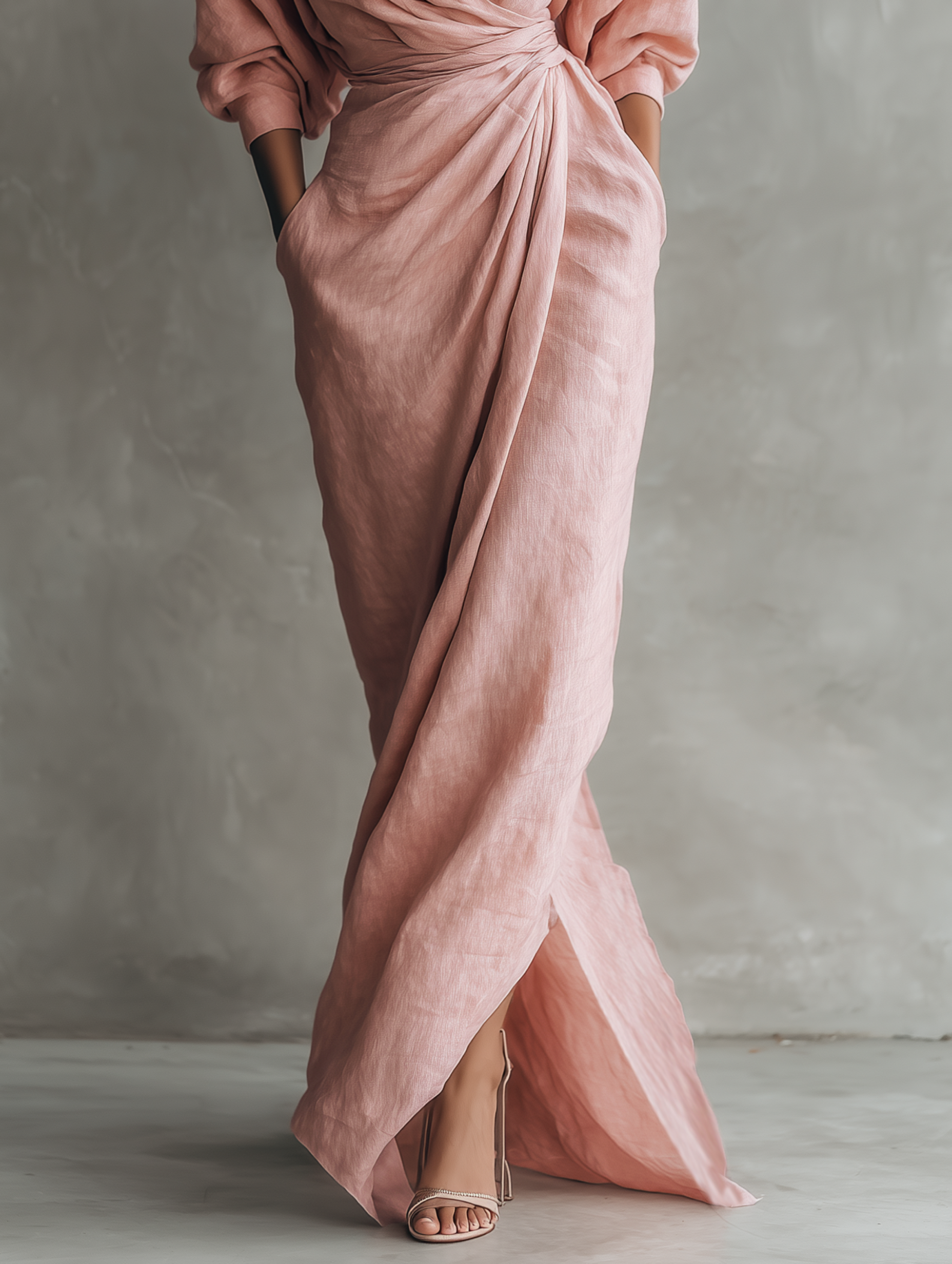 Maxi vestido minimalista rosa con escote en V de lino mezclado para mujer