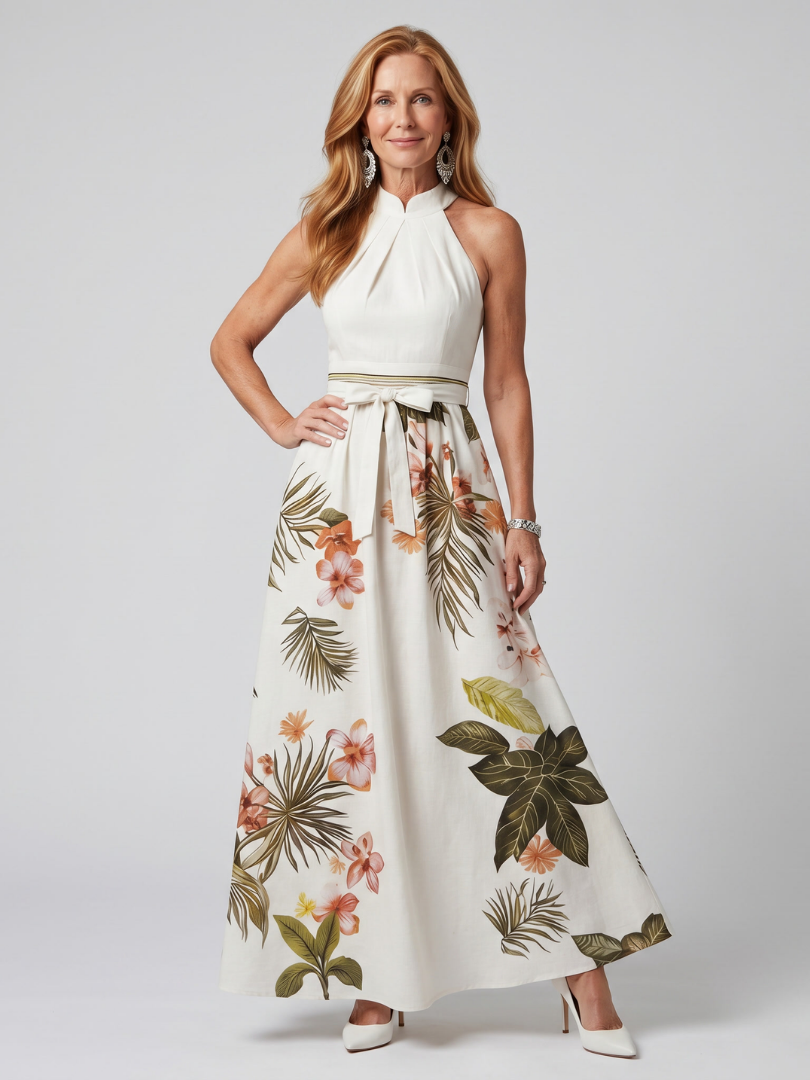 Meadow | Vestido maxi halter drapeado con panel botánico
