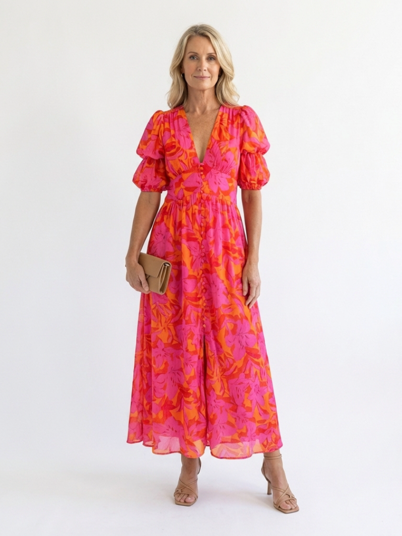 Willow | Vestido Midi de Manga Abullonada con Escote en V Floral